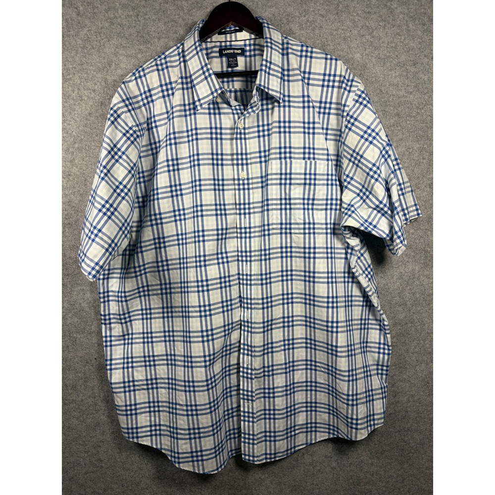 Lands' End Mens 3XL Tall Blue Plaid No Iron Twill Short Sleeve Button Down Shirt